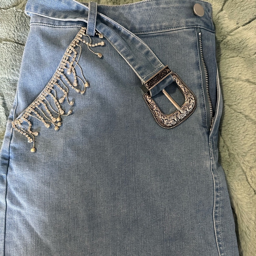 Denim Skirt with Rhinestone Fringe